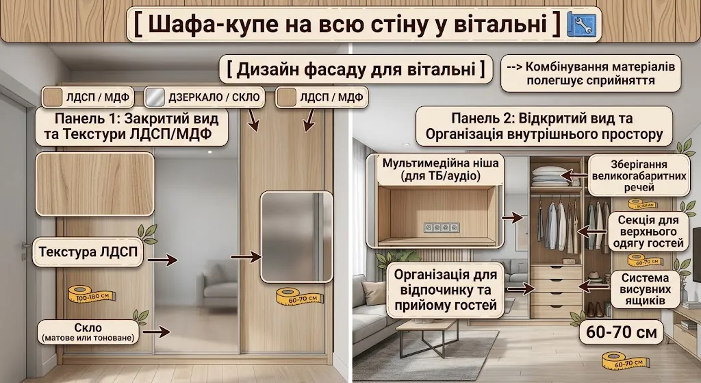 Шафа-купе на всю стіну у вітальні